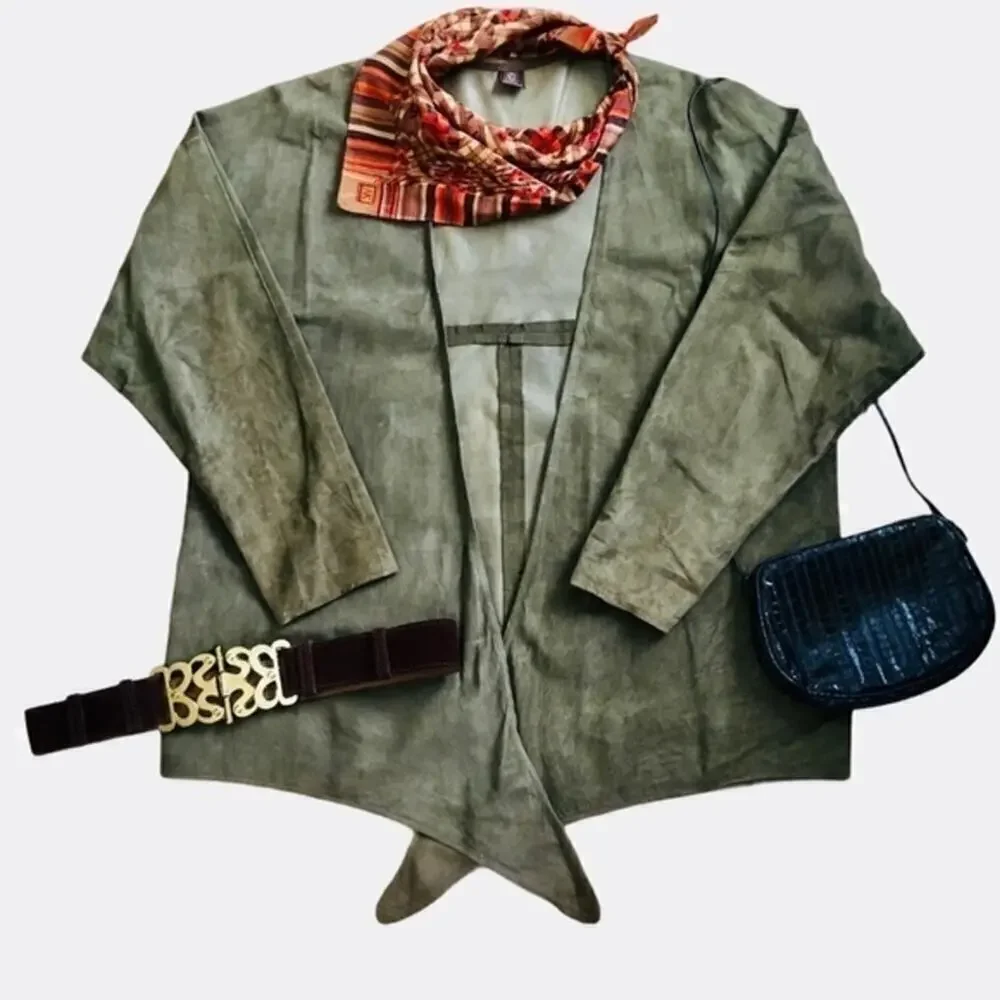 1970s Anne Klein Vintage Olive Green Suede Leather Front Tie Cardigan Jacket